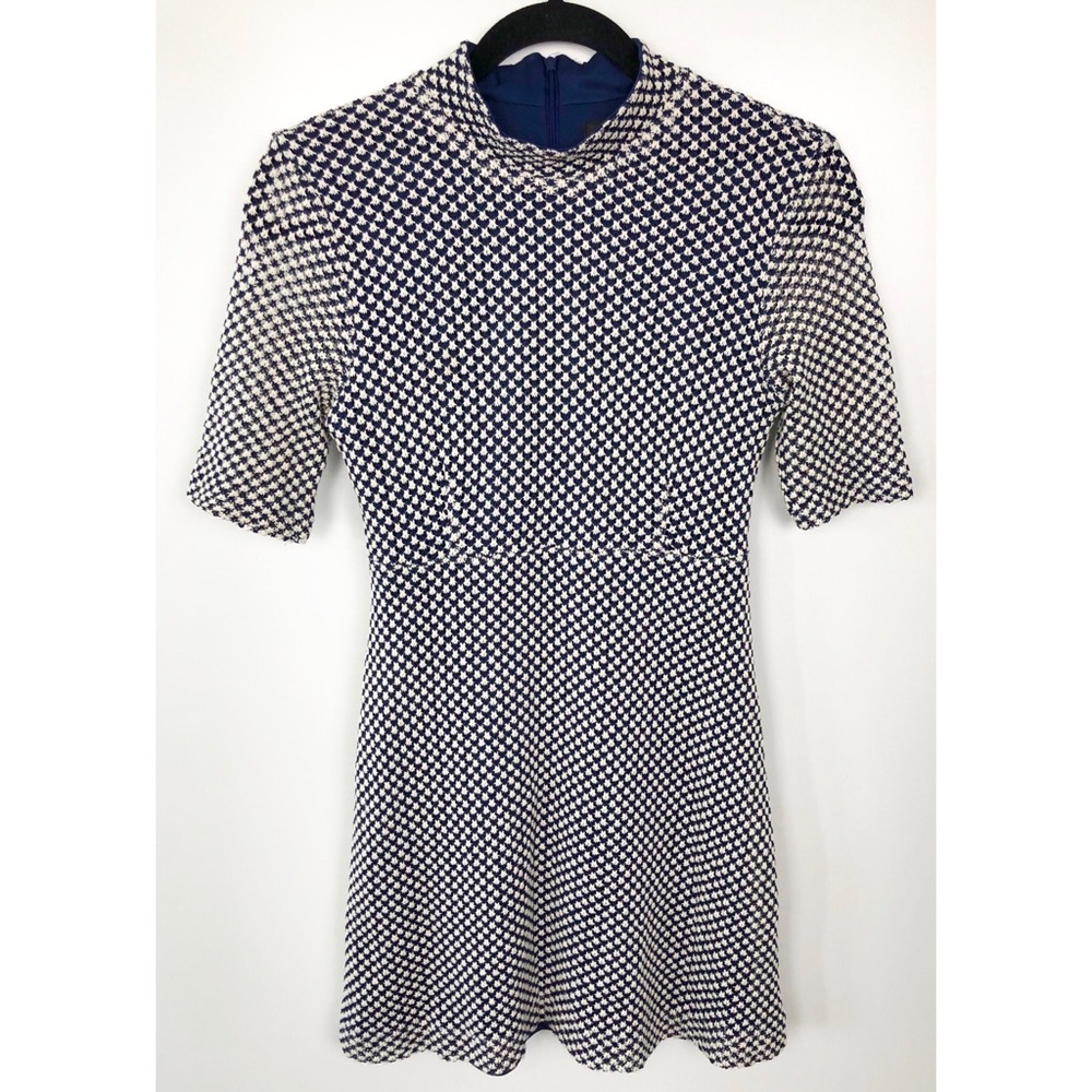 Zara Woman Navy & Cream Houndstooth Skater Dress